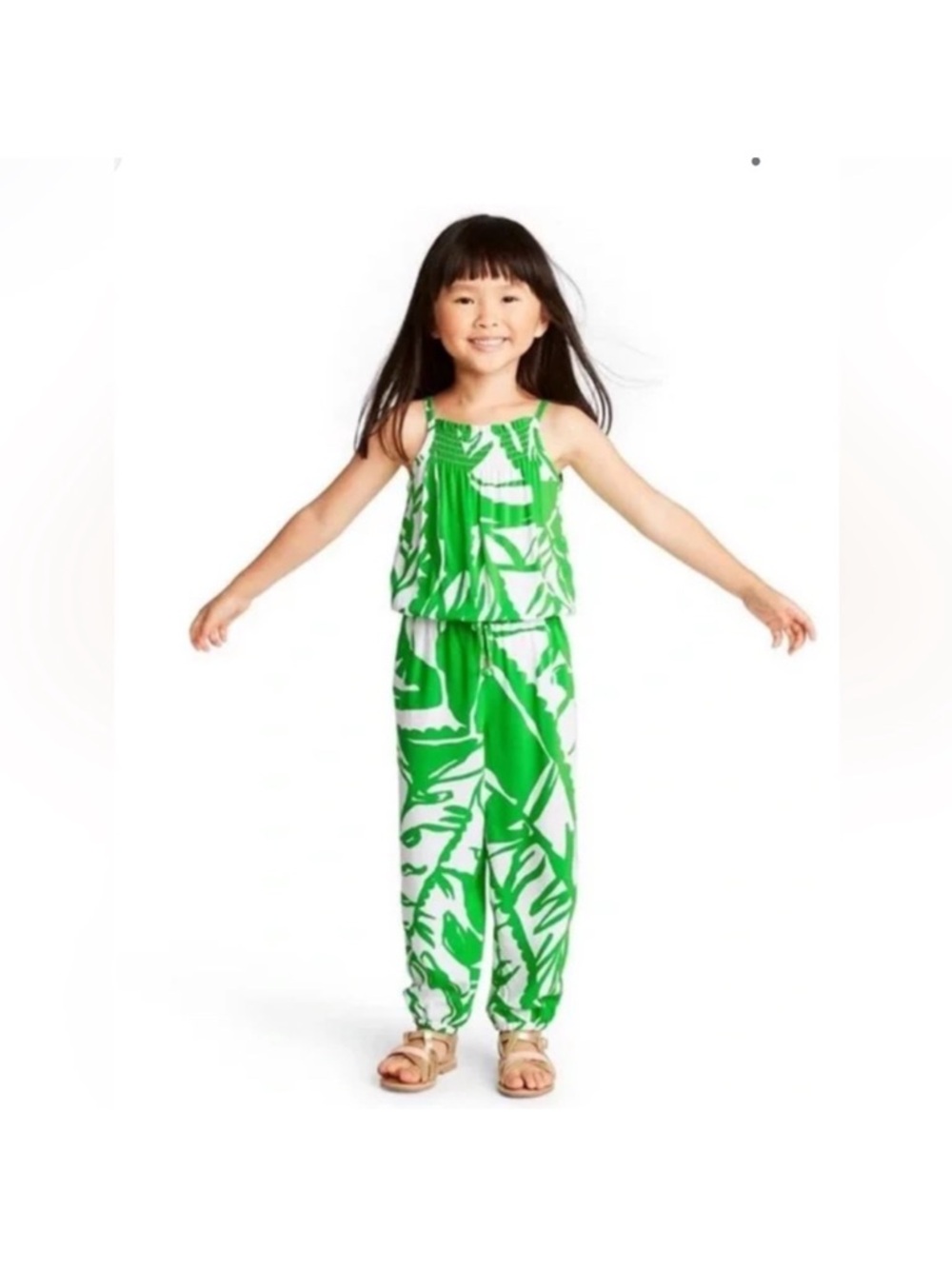 Lilly Pulitzer for Target Boom Boom Smocked Green White Palm Leaf Jumpsuit Kids